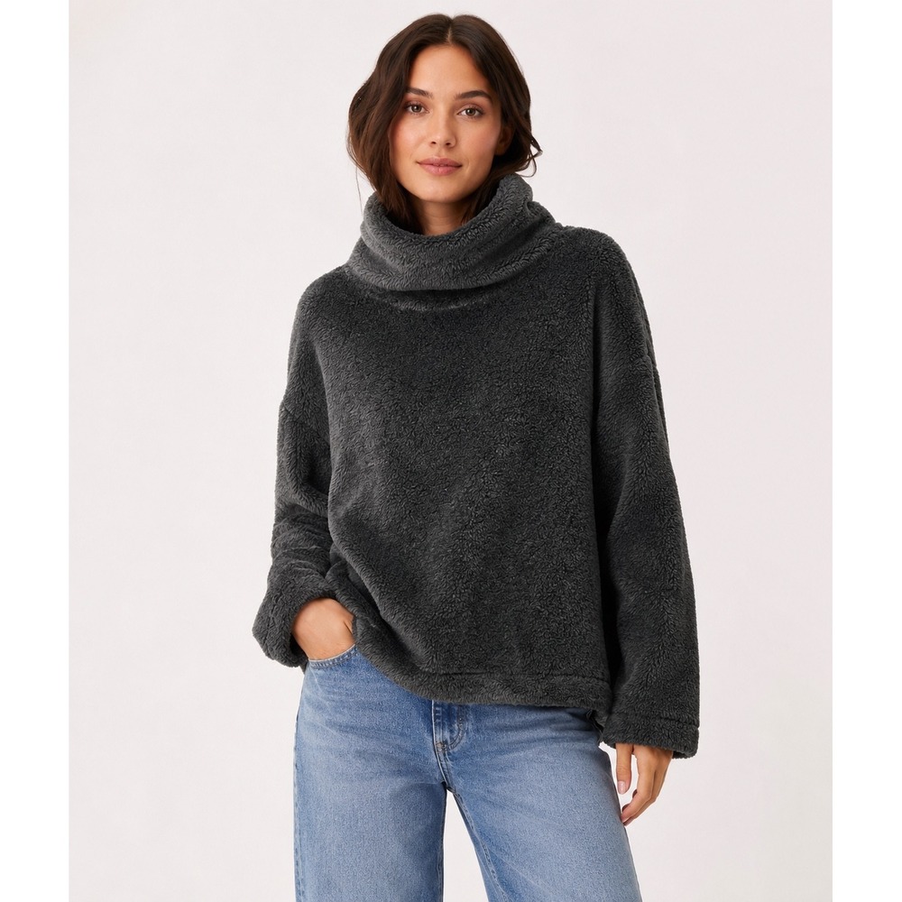 GapBody Womens‎ Teddy Fleece Funnel Neck Pullover Large Cozy Black Sweater